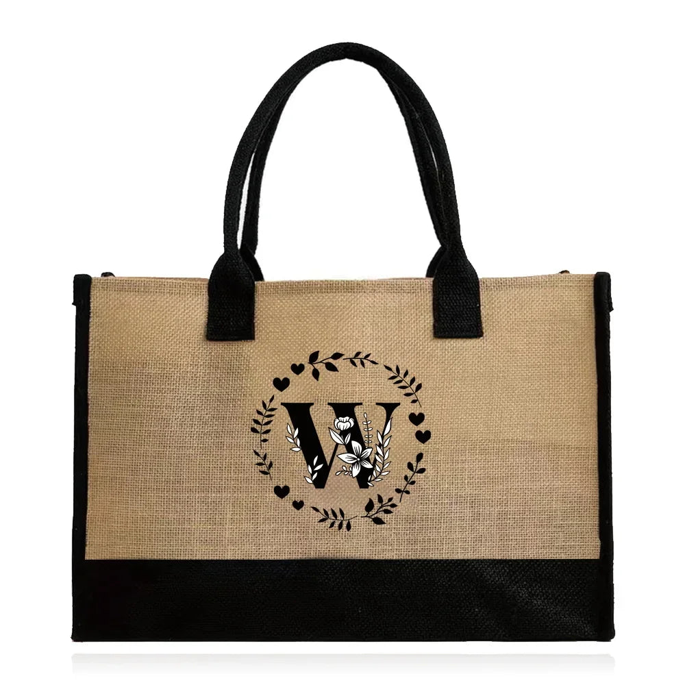 Shopping Bag Burlap Tote Bag Jute Bags Lightweight Handbag Portable LargeCapacity Women Grocery Organizer Garland Letter Pattern