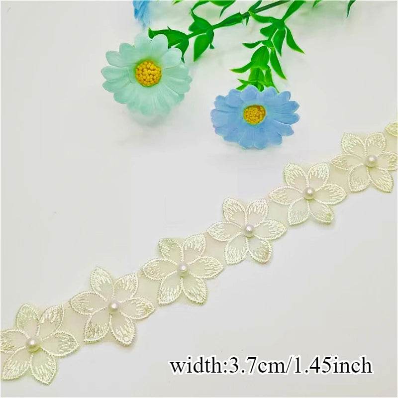 Stunning! Flower - pearl beaded lace ribbon with beaded fringe. Ideal for handmade dresses, adding unique charm. - P12 Hub Europe