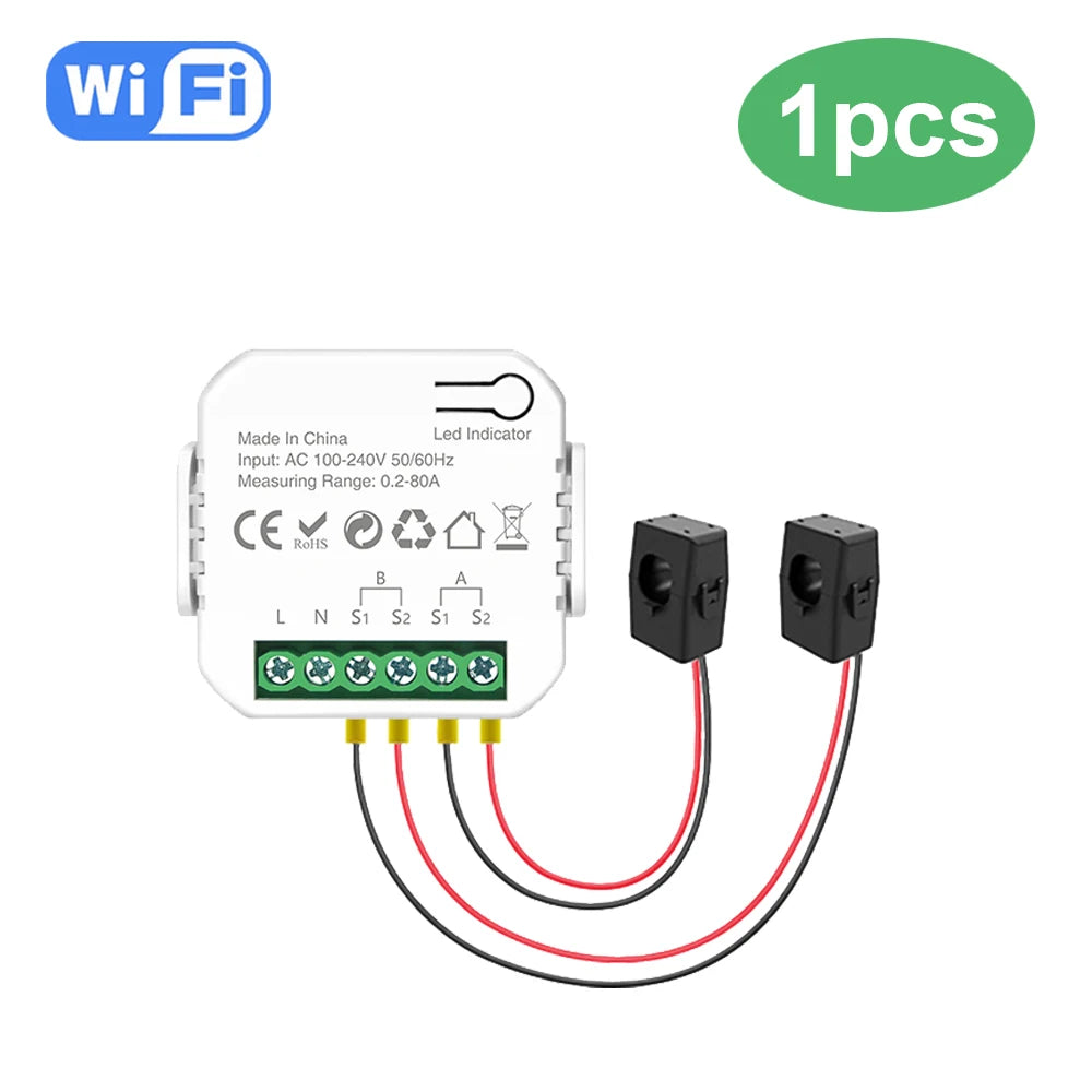 Tuya Smart Life WiFi Energy Meter 80A Bidirectional 2 Channel with Clamp App Monitor Solar Export and Import Power AC110V/240V