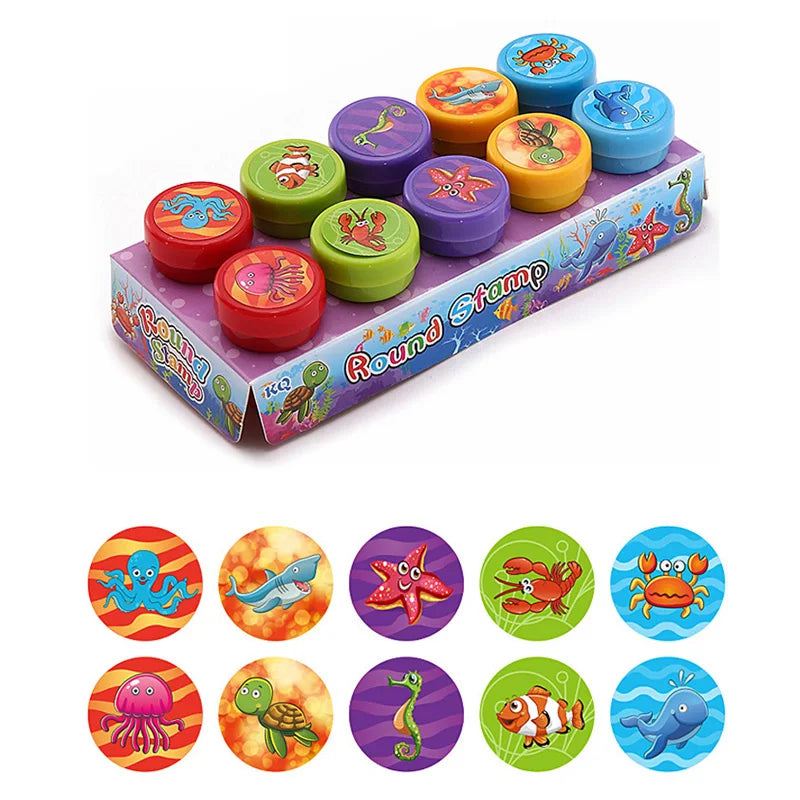 10Pcs/Set Children Stamps Toy Cartoon Animals Dinosaur Fruits Pattern Seal for Kids DIY Painting Toys