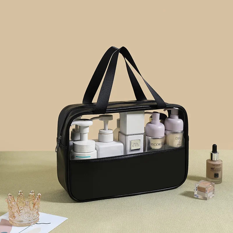 Personalized Embroidery Stitching Cosmetic Bag PVC Translucent Large-Capacity Bath Bag PU Waterproof Portable Travel Storage Bag