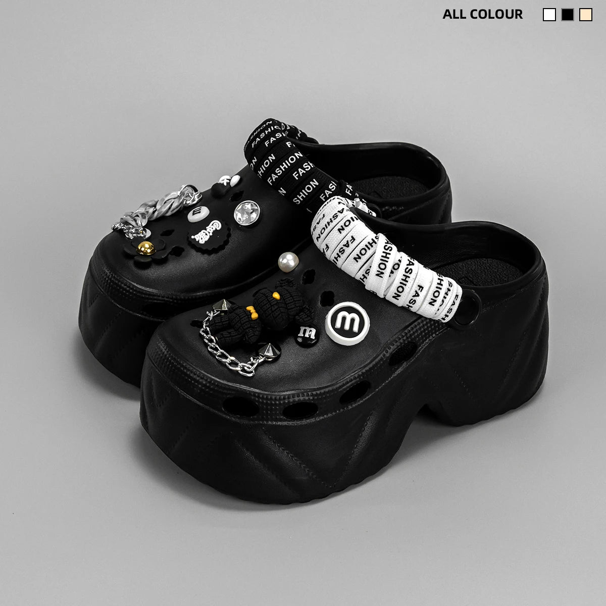 New Fashionable Black and White Strappy Bear High Heeled Imitation Leather Pattern Clogs X8809