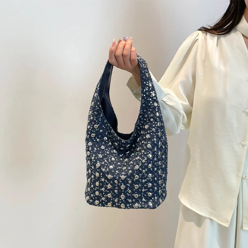 Denim Sequin Rivet Underarm Shoulder Bag,Vintage Metal Stud Motorcycle Style Handbag,Designer Blue Chic Women Bucket Tote Bags