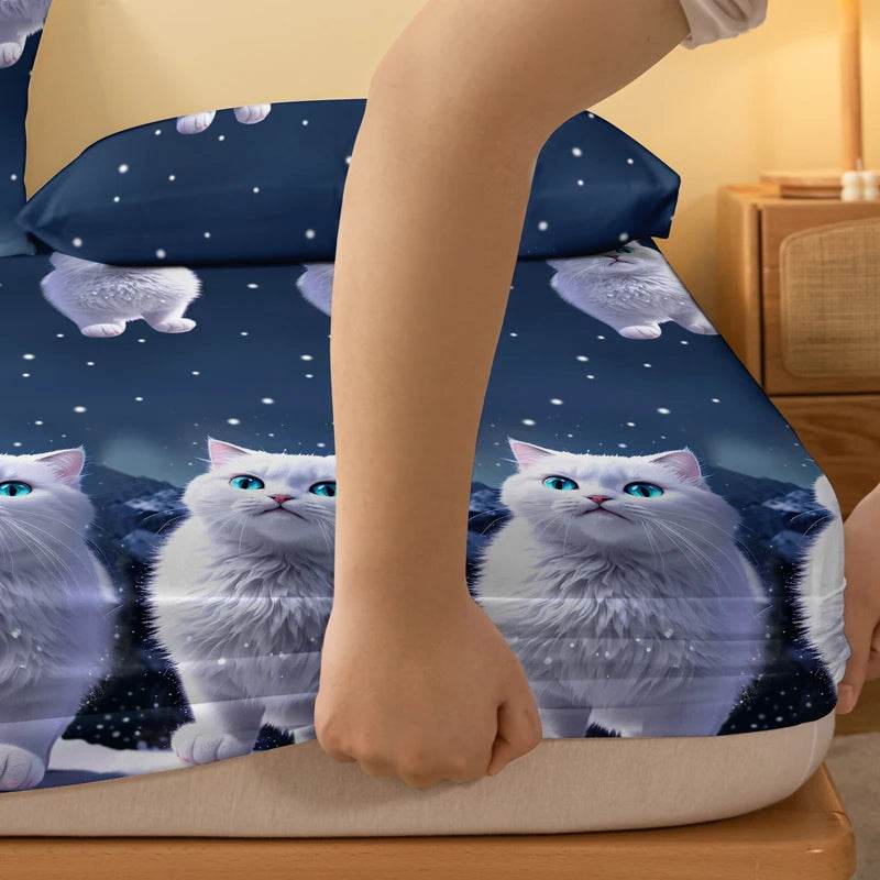 1 piece of blue eyed white cat patterned matte bedsheet, bedroom printed bedspread, bedding (excluding pillowcases) - P12 Hub Europe
