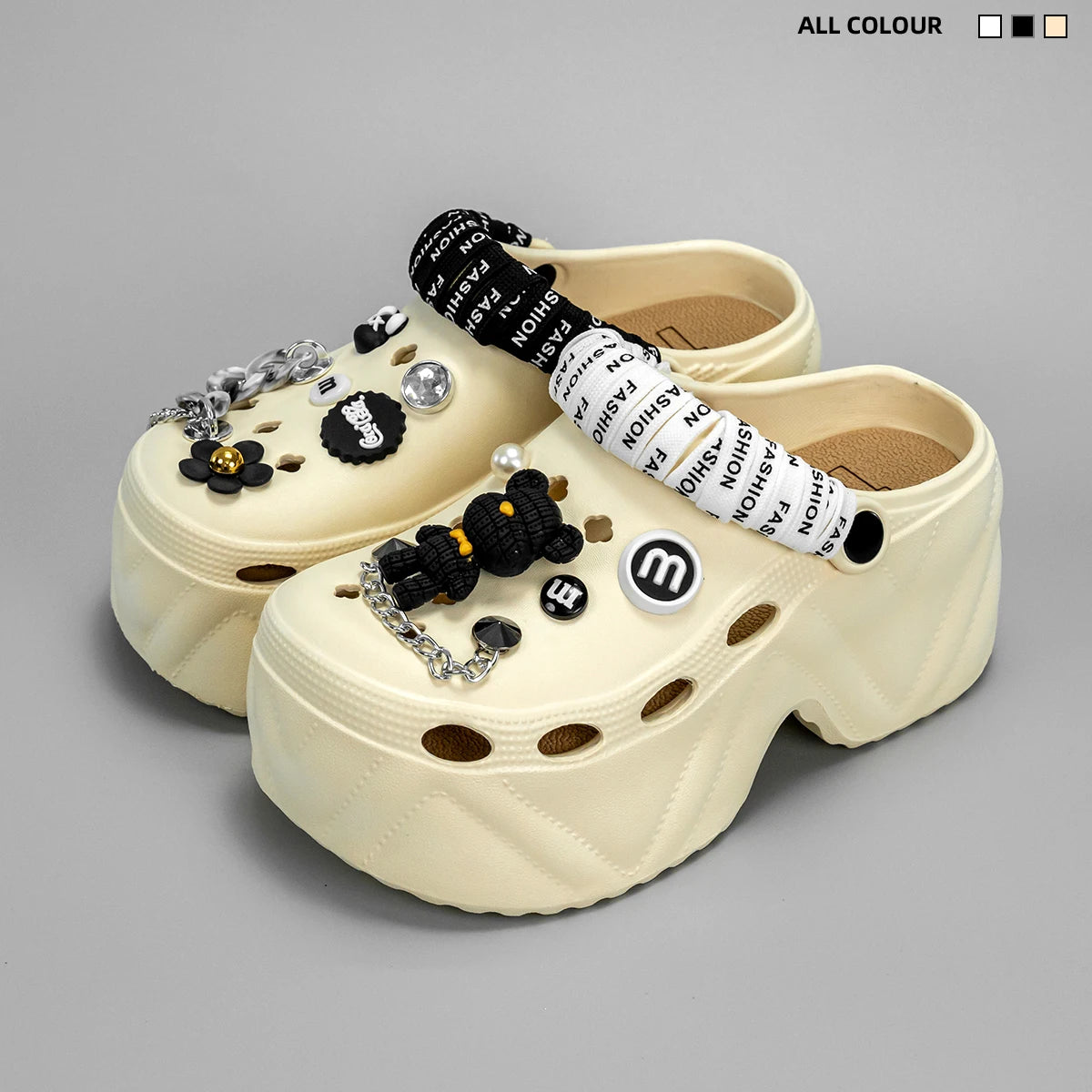 New Fashionable Black and White Strappy Bear High Heeled Imitation Leather Pattern Clogs X8809