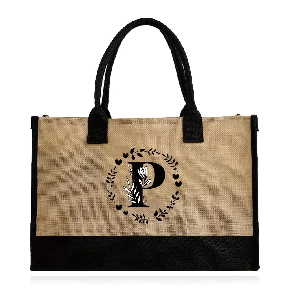 Shopping Bag Burlap Tote Bag Jute Bags Lightweight Handbag Portable LargeCapacity Women Grocery Organizer Garland Letter Pattern