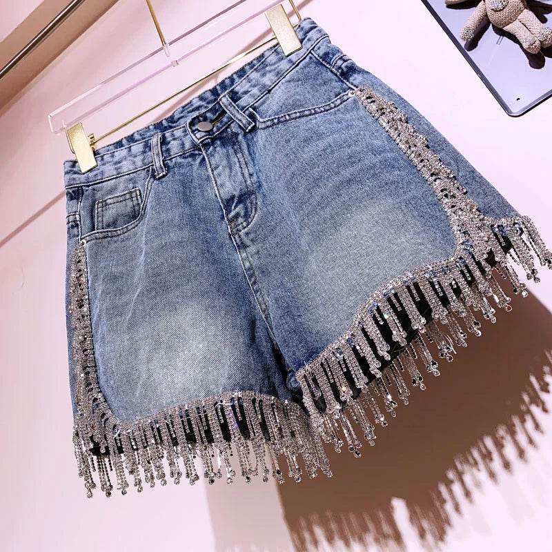 Sexy Rhinestone Fringed Denim Shorts - P12 Hub Europe