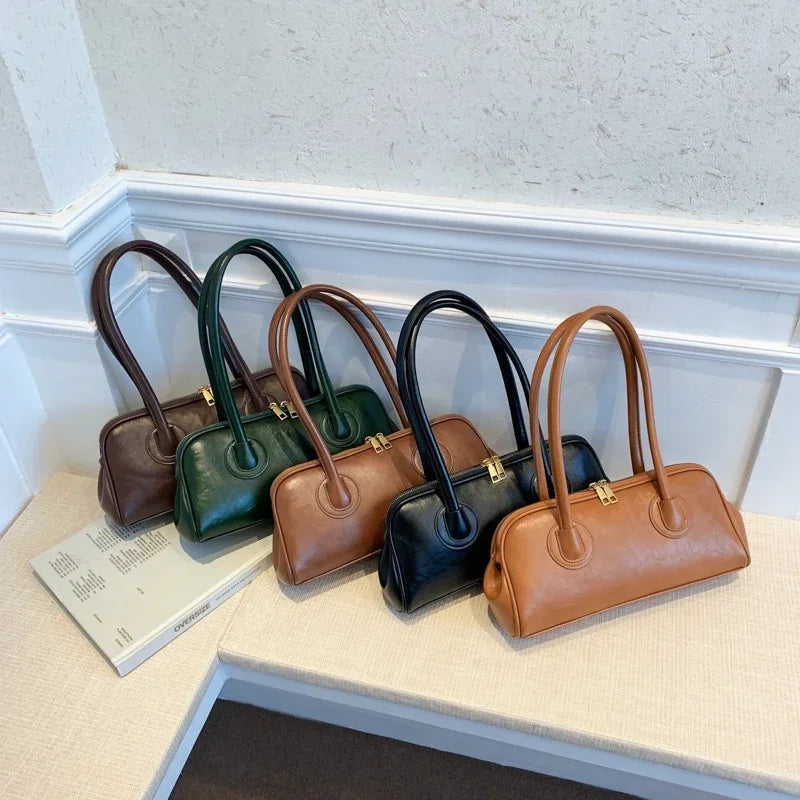 Fashion Portable Baguette Bag Retro High-quality Pu Large-capacity Bowling Underarm Shoulder Bag Niche Design Light Luxury