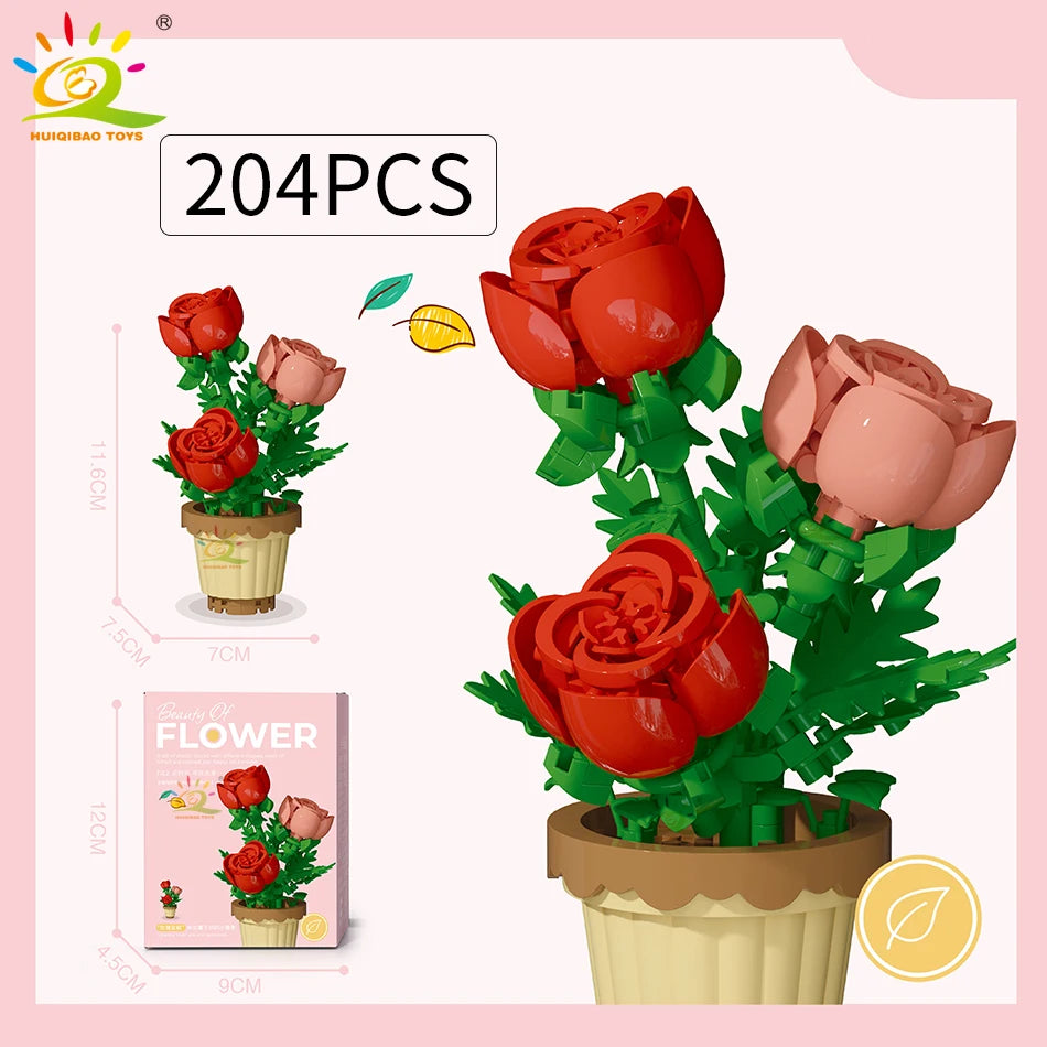 HUIQIBAO MOC Eternal Bouquet Micro Building Blocks Flower Model DIY Home Desk Plant Decoration Assemble Brick Toy For Children