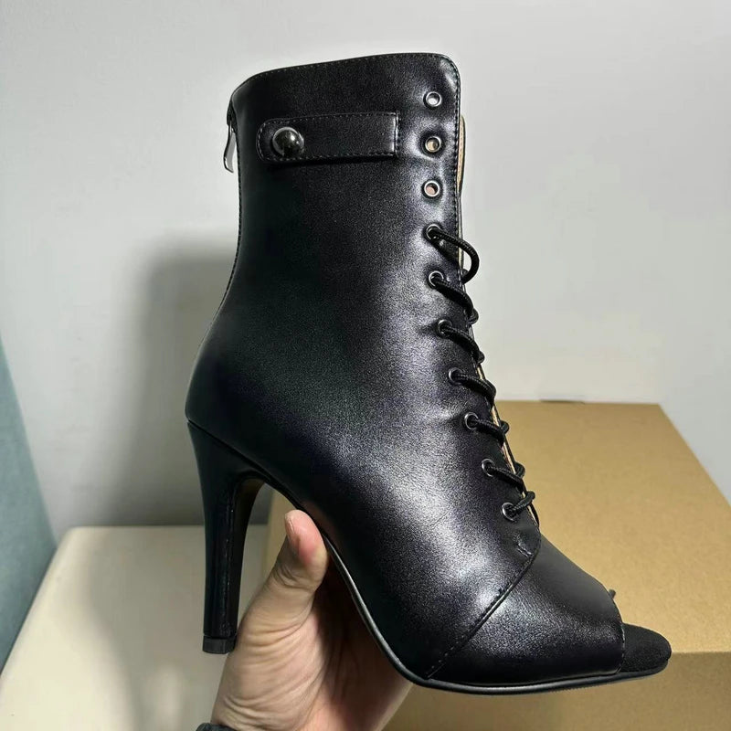 Women's Black Peep-Toe High Heel Stilettos Size 46 New Fashion Brand Party Boots for Ballroom Latin Jazz Dance Sexy Party Shoes