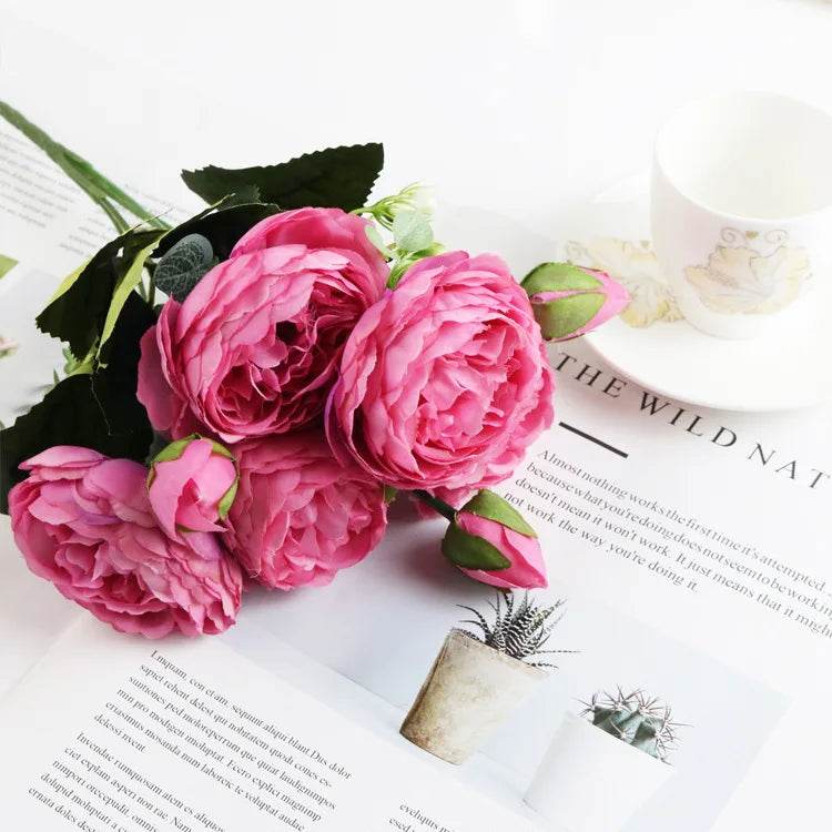 1 Bundle Artificial Roses Flowers Silk Peony Bouquet Home Decoration Accessorie Wedding Party Scrapbook Fake Plants Diy Pompons - P12 Hub Europe