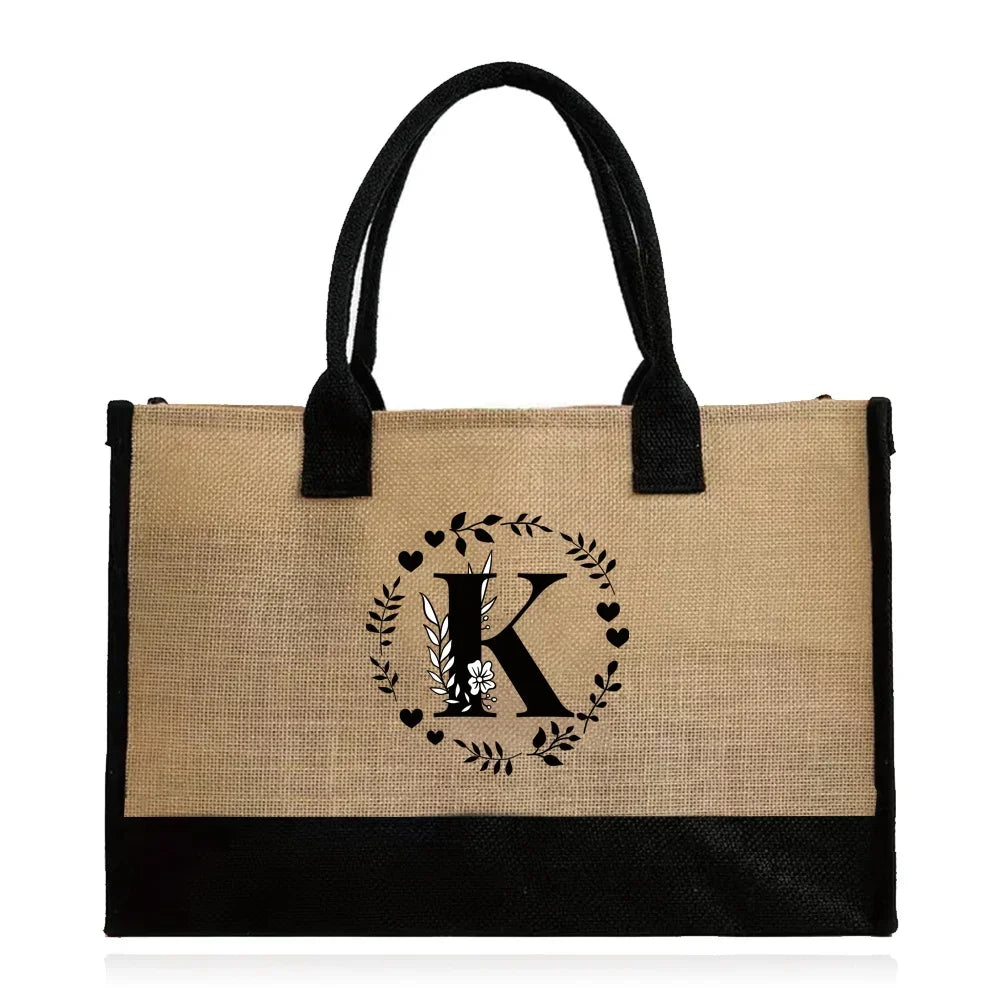 Shopping Bag Burlap Tote Bag Jute Bags Lightweight Handbag Portable LargeCapacity Women Grocery Organizer Garland Letter Pattern