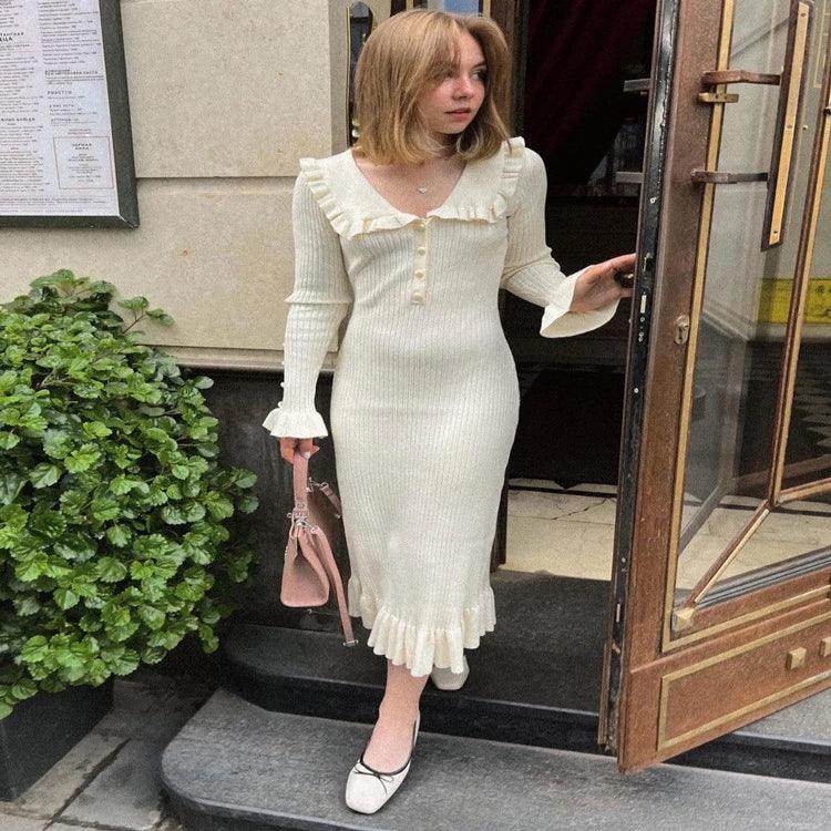 Ruffled Contrast Knit Maxi Dress High Waist Lapel - P12 Hub Europe