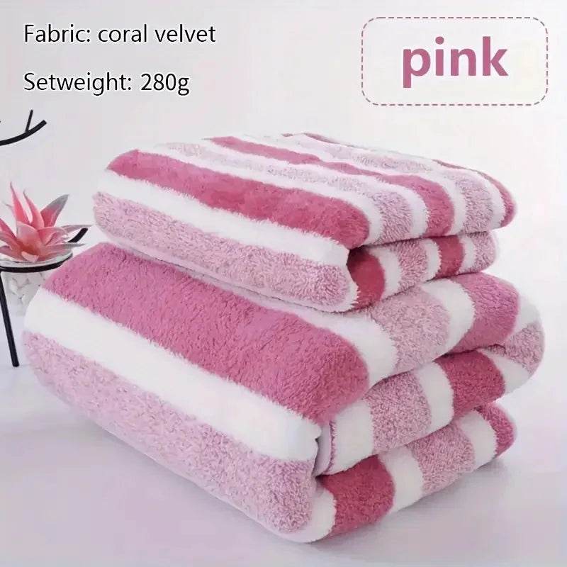 2Pcs High-density Absorbent Bath Towel Coral Fleece Wide-striped Towel Non-sheddingPrinted Soft and ComfortableUnisex Bath Towel - P12 Hub Europe