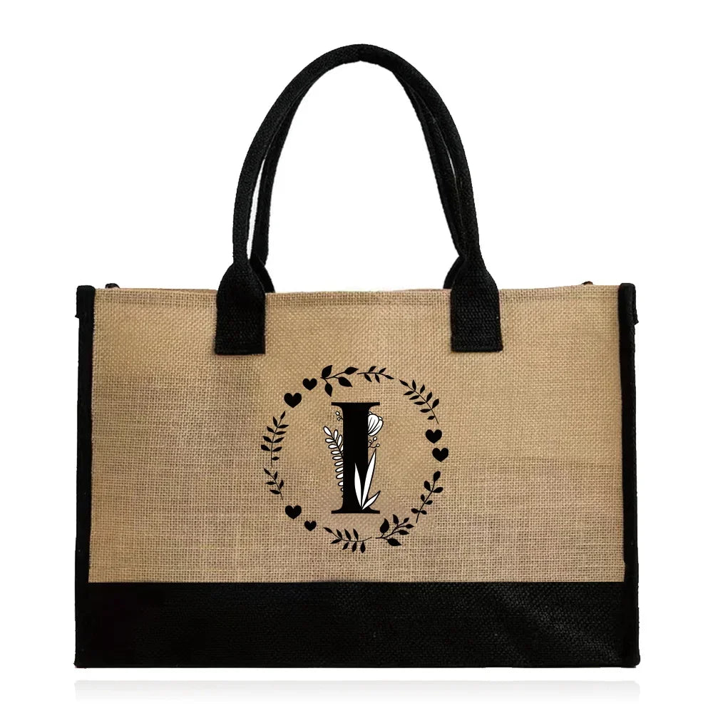 Shopping Bag Burlap Tote Bag Jute Bags Lightweight Handbag Portable LargeCapacity Women Grocery Organizer Garland Letter Pattern