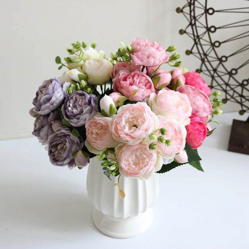 1 Bundle Artificial Roses Flowers Silk Peony Bouquet Home Decoration Accessorie Wedding Party Scrapbook Fake Plants Diy Pompons - P12 Hub Europe
