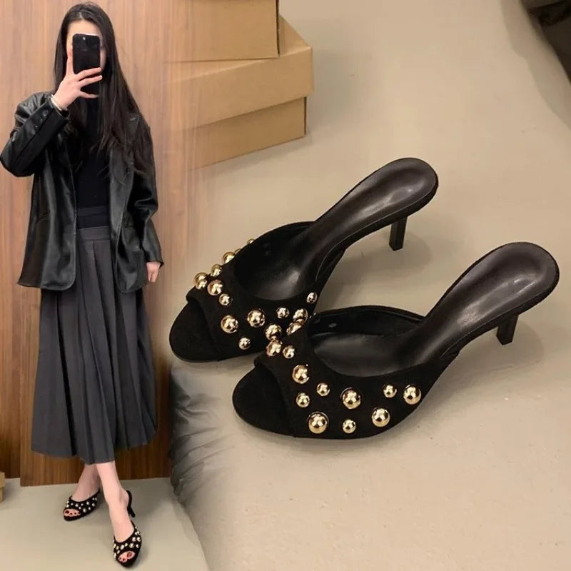 Studded Peep Toe Mules Stiletto Slip On Gold Rivets Decor Classic Sexy Women Summer Sandals Dress Party Daily Casual Single Shoe
