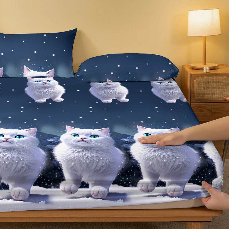 1 piece of blue eyed white cat patterned matte bedsheet, bedroom printed bedspread, bedding (excluding pillowcases) - P12 Hub Europe