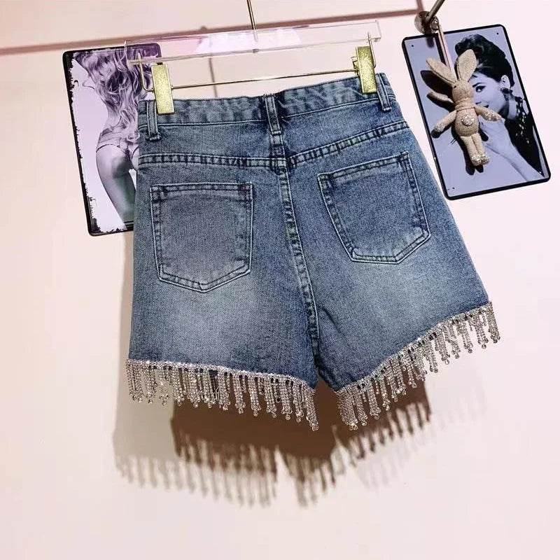 Sexy Rhinestone Fringed Denim Shorts - P12 Hub Europe