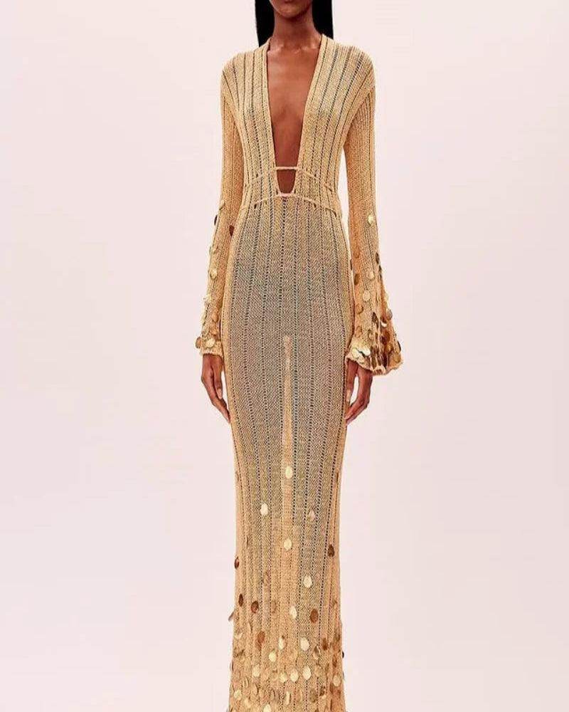 Sequin Knit Maxi Dress Deep Neck Lace Up Sexy - P12 Hub Europe