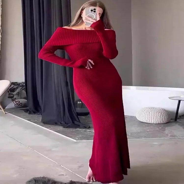 Off-Shoulder Knit Maxi Dress Ribbed Elegant - P12 Hub Europe