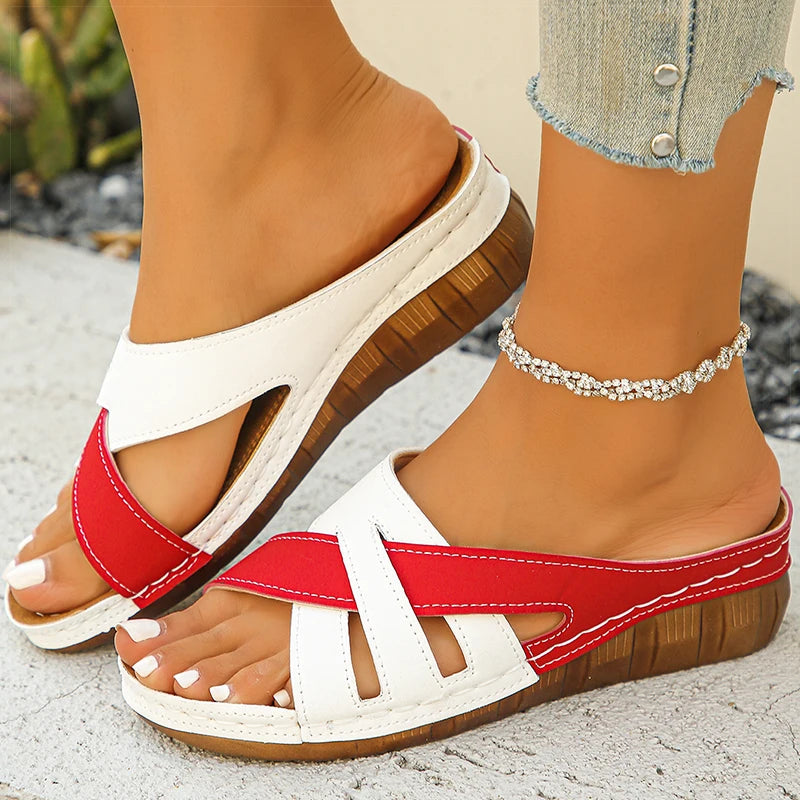 Women's Sandals Mix Color Wedges Heeled Sandals Women Summer Shoes 2025 Summer Sandals With Heels Slippers Summer Footwear