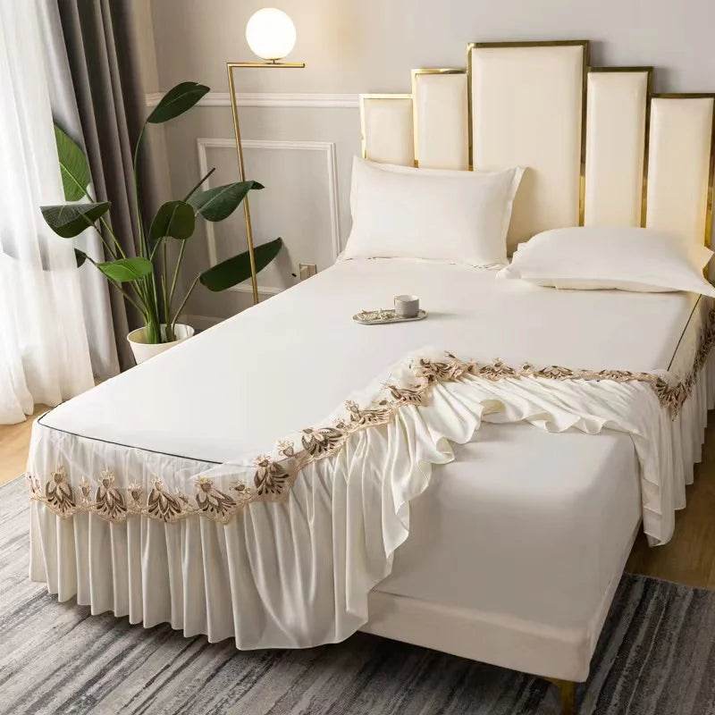 3pcs Set Raw Cotton Soft Bedspread Bed Romance Dust Protector Cover Embroidery Lace Edge Bed Skirt with 2pcs Pillowcase - P12 Hub Europe