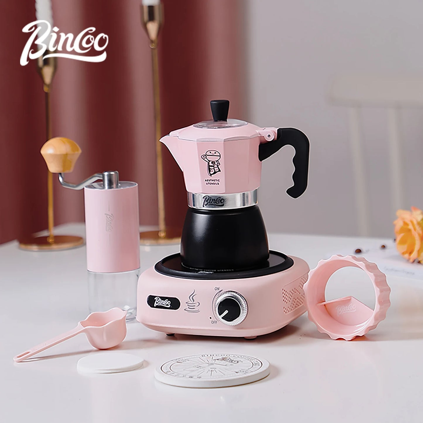 Bincoo Double valve Moka Pot Electric Stove Set Coffee Pot Household Italian Espresso Machine Mocha Pot Barista Accessories 220V