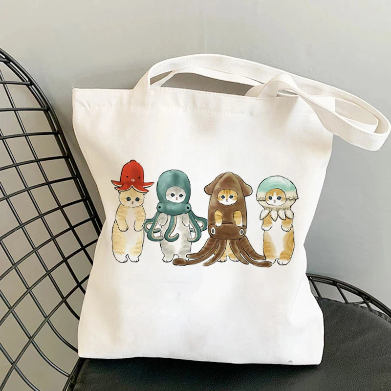 Kawaii Cats Cartoon Manga Tote Bag Beach Bag Shopper Bags Handbags Canvas Shoulder Bags Woman Shopping Bags High Capacity