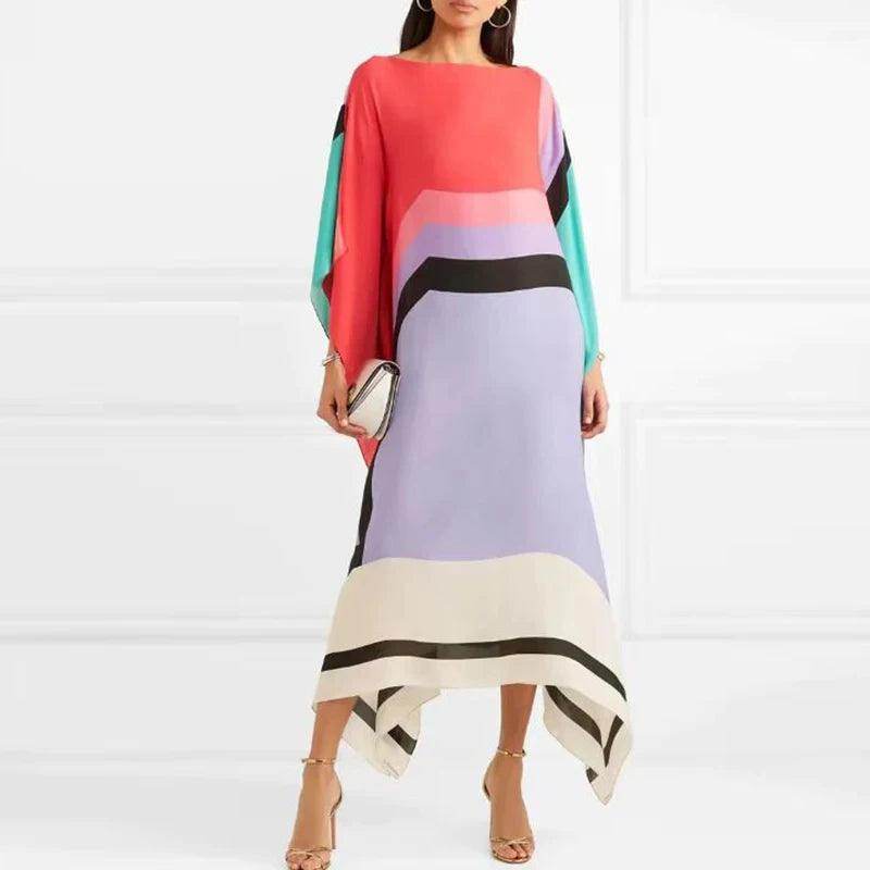 Candy Stripe Patchwork Kaftan Maxi Dress Boho Batwing Sleeve - P12 Hub Europe