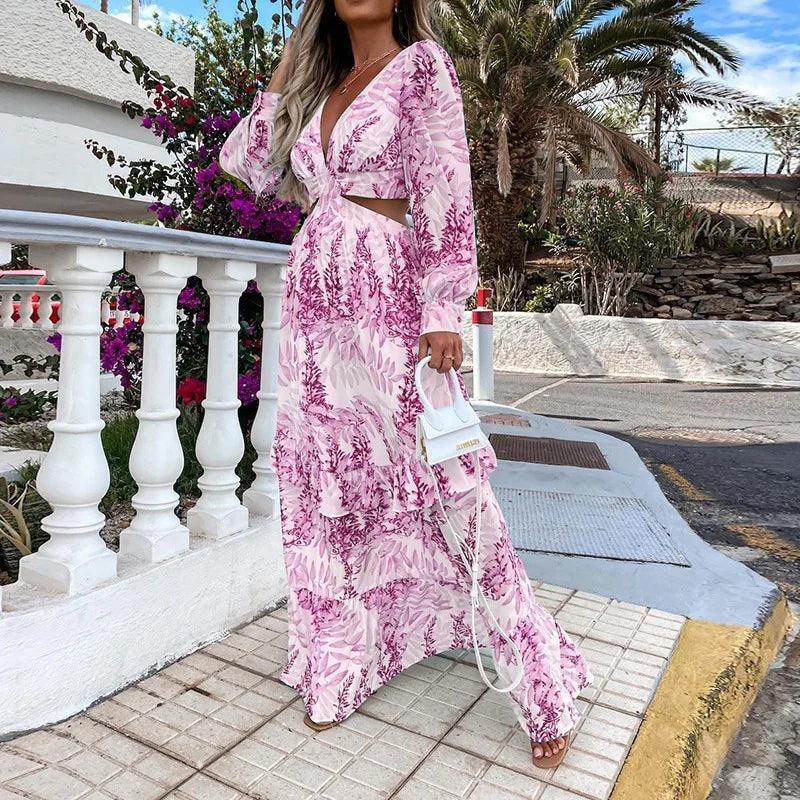 Deep V-Neck Maxi Dress Elegant Hollow Out Ruffle - P12 Hub Europe