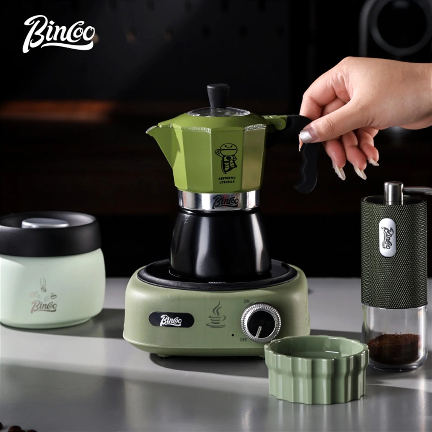 Bincoo Double-valve Moka Pot Set Electric Stove Pot Household Italian Espresso Machine Coffee Mocha Pot Barista Accessories 220V