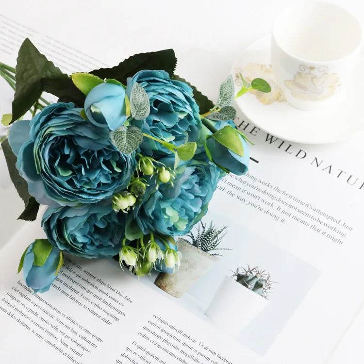 1 Bundle Artificial Roses Flowers Silk Peony Bouquet Home Decoration Accessorie Wedding Party Scrapbook Fake Plants Diy Pompons - P12 Hub Europe