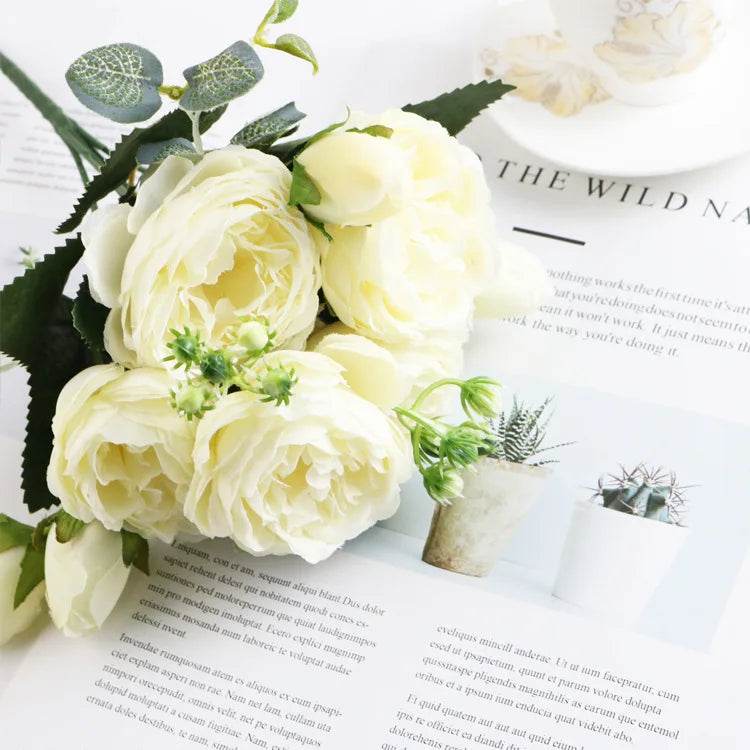 1 Bundle Artificial Roses Flowers Silk Peony Bouquet Home Decoration Accessorie Wedding Party Scrapbook Fake Plants Diy Pompons - P12 Hub Europe