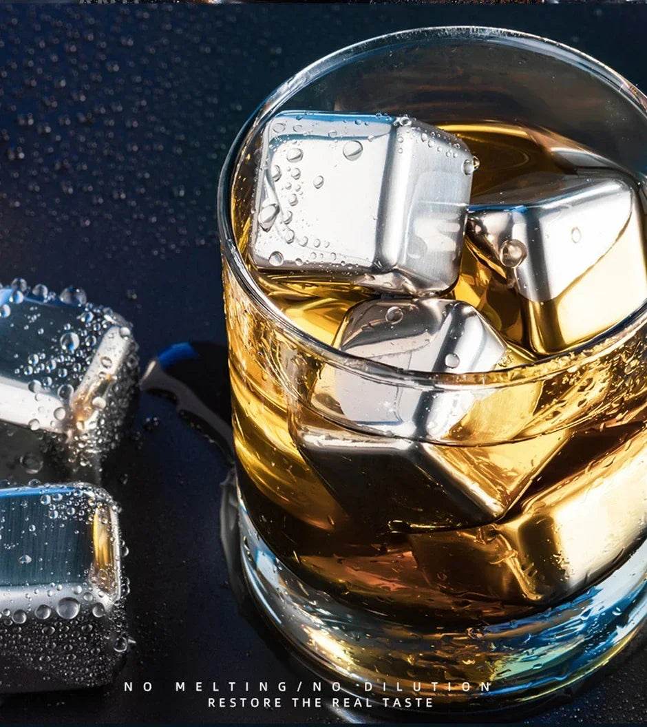 304 Food Stainless Steel Ice Cubes Set Reusable Chilling Stones for Whiskey Wine Cooling Cube Rock with Tongs Kitchen Bar Tools - P12 Hub Europe