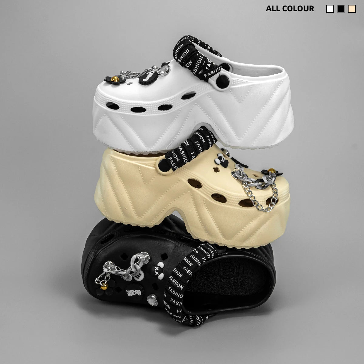 New Fashionable Black and White Strappy Bear High Heeled Imitation Leather Pattern Clogs X8809