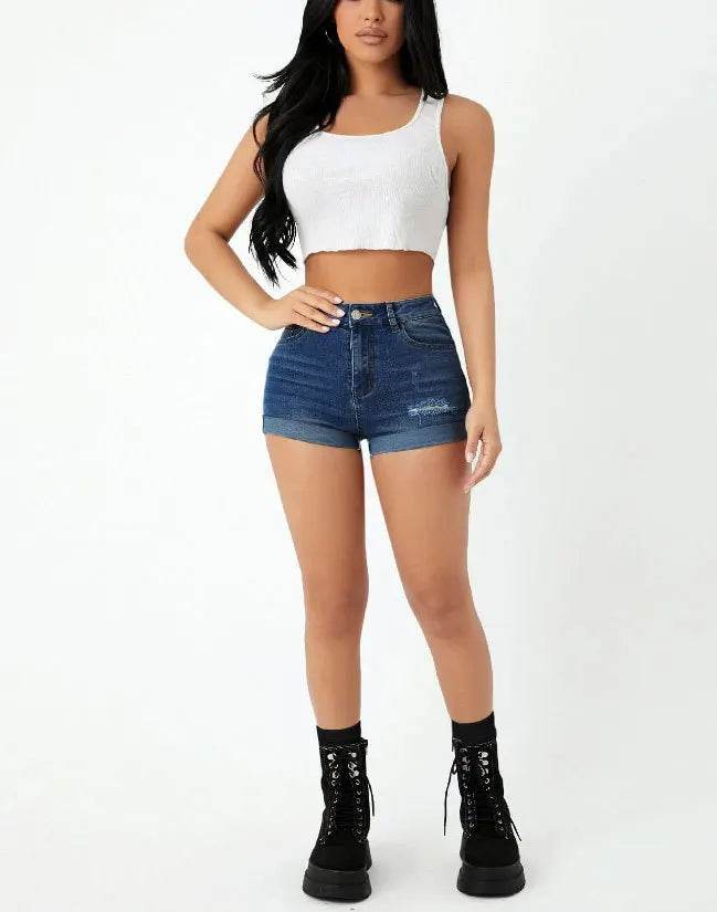 Women's Ripped High-Waist Denim Shorts - P12 Hub Europe