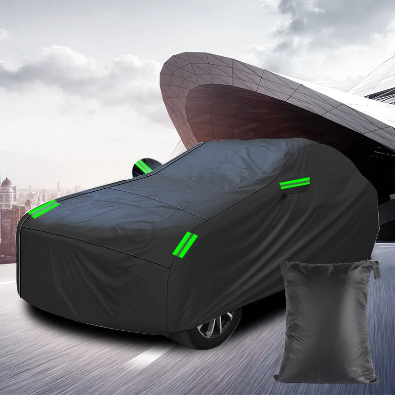 Black Silver Coated Rainproof Sunscreen Reflective Strip Outdoor Sunshade Dust Proof Protection Hatchback Sedan SUV Car Cover