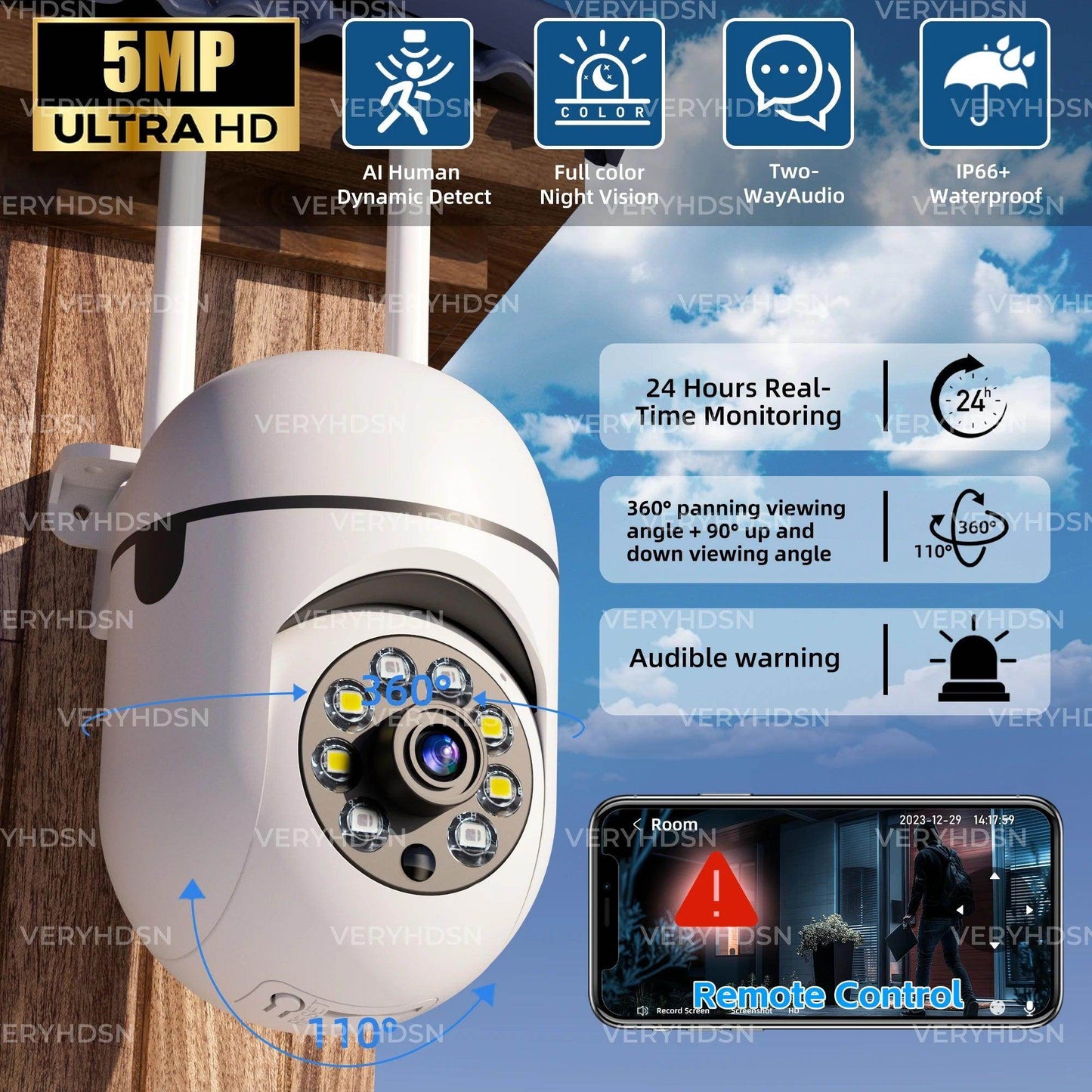 Outdoor Camera 5MP PTZ WiFi 4X Zoom, AI Track, 2-Way Audi - P12 Hub Europe