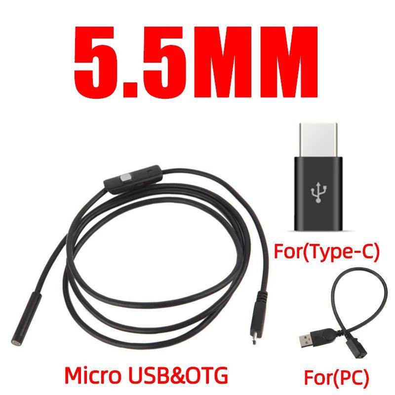7mm/5.5mm IP67 Endoscope Camera USB/Android, 6 LED, Flexible - P12 Hub Europe