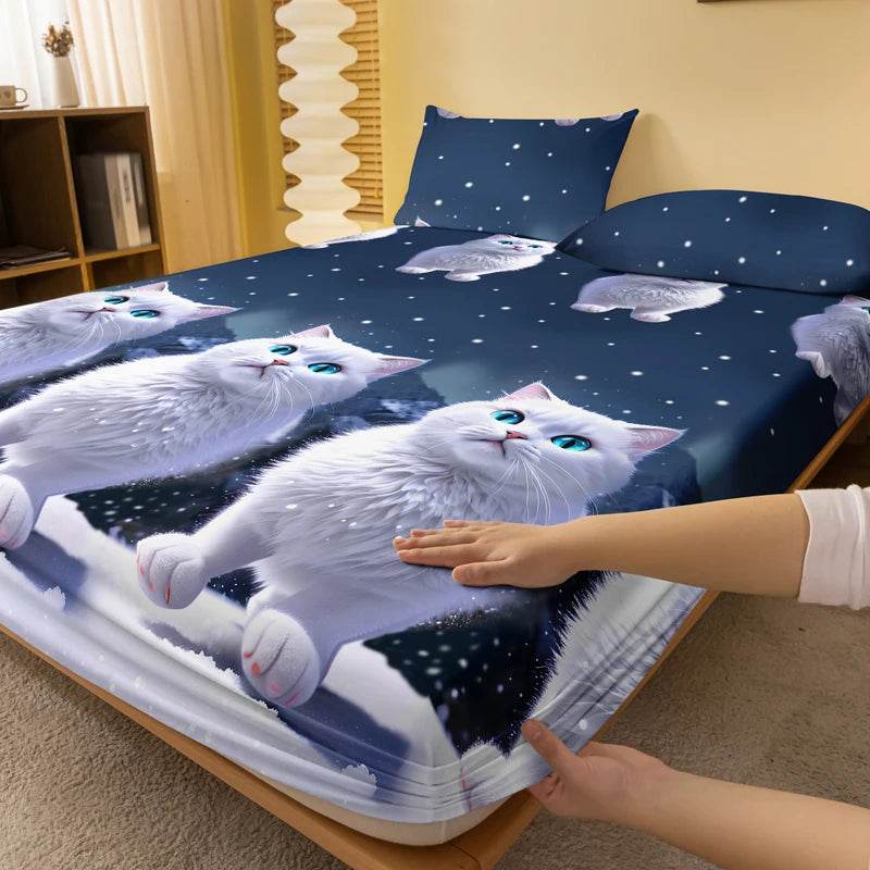 1 piece of blue eyed white cat patterned matte bedsheet, bedroom printed bedspread, bedding (excluding pillowcases) - P12 Hub Europe