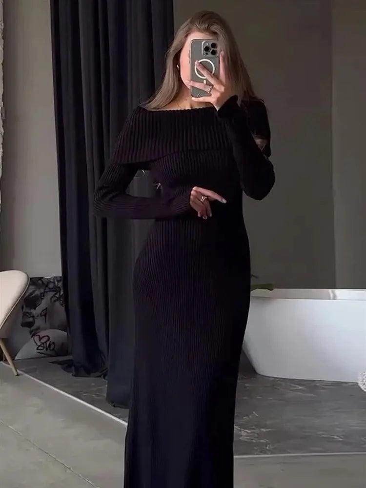 Off-Shoulder Knit Maxi Dress Ribbed Elegant - P12 Hub Europe