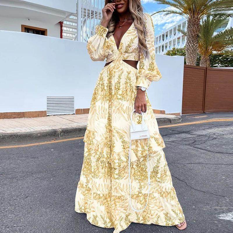 Deep V-Neck Maxi Dress Elegant Hollow Out Ruffle - P12 Hub Europe