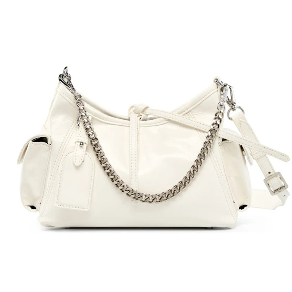 Zency Fashion Sliver Chain Handbag Soft Leather Top-handle Bag For Women Novel String Closure Bag Black Beige Crossbody