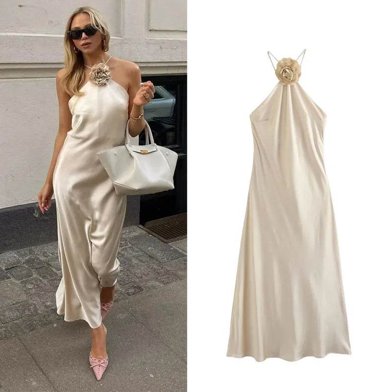Flower Halter Satin Dress - Backless Summer Party - P12 Hub Europe