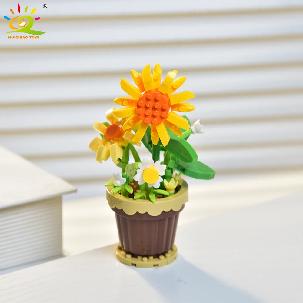 HUIQIBAO MOC Eternal Bouquet Micro Building Blocks Flower Model DIY Home Desk Plant Decoration Assemble Brick Toy For Children