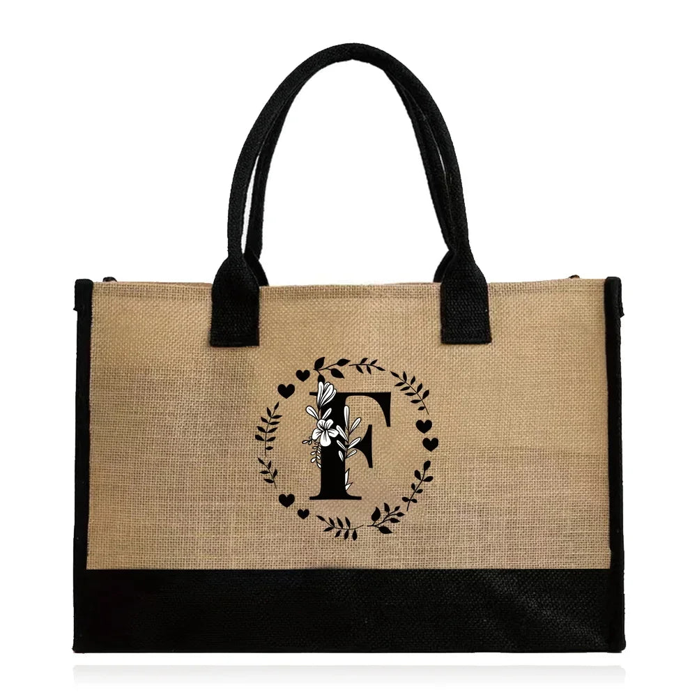 Shopping Bag Burlap Tote Bag Jute Bags Lightweight Handbag Portable LargeCapacity Women Grocery Organizer Garland Letter Pattern