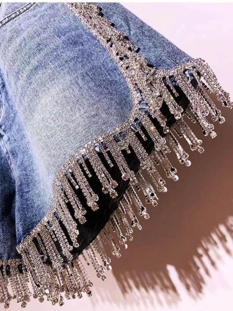 Sexy Rhinestone Fringed Denim Shorts - P12 Hub Europe