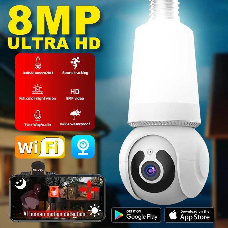 Bulb Camera 8MP WiFi E27, Color Night, AI Track, 10x Zoom - P12 Hub Europe