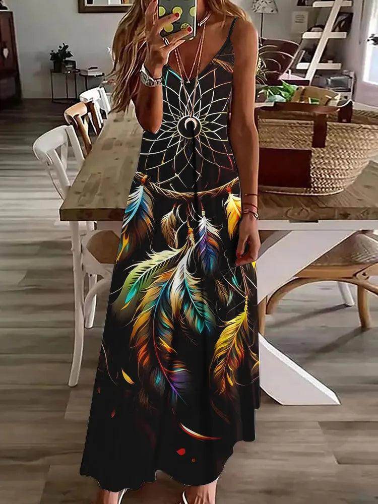 3D Owl Print Boho Maxi Dress Sleeveless Tribal - P12 Hub Europe
